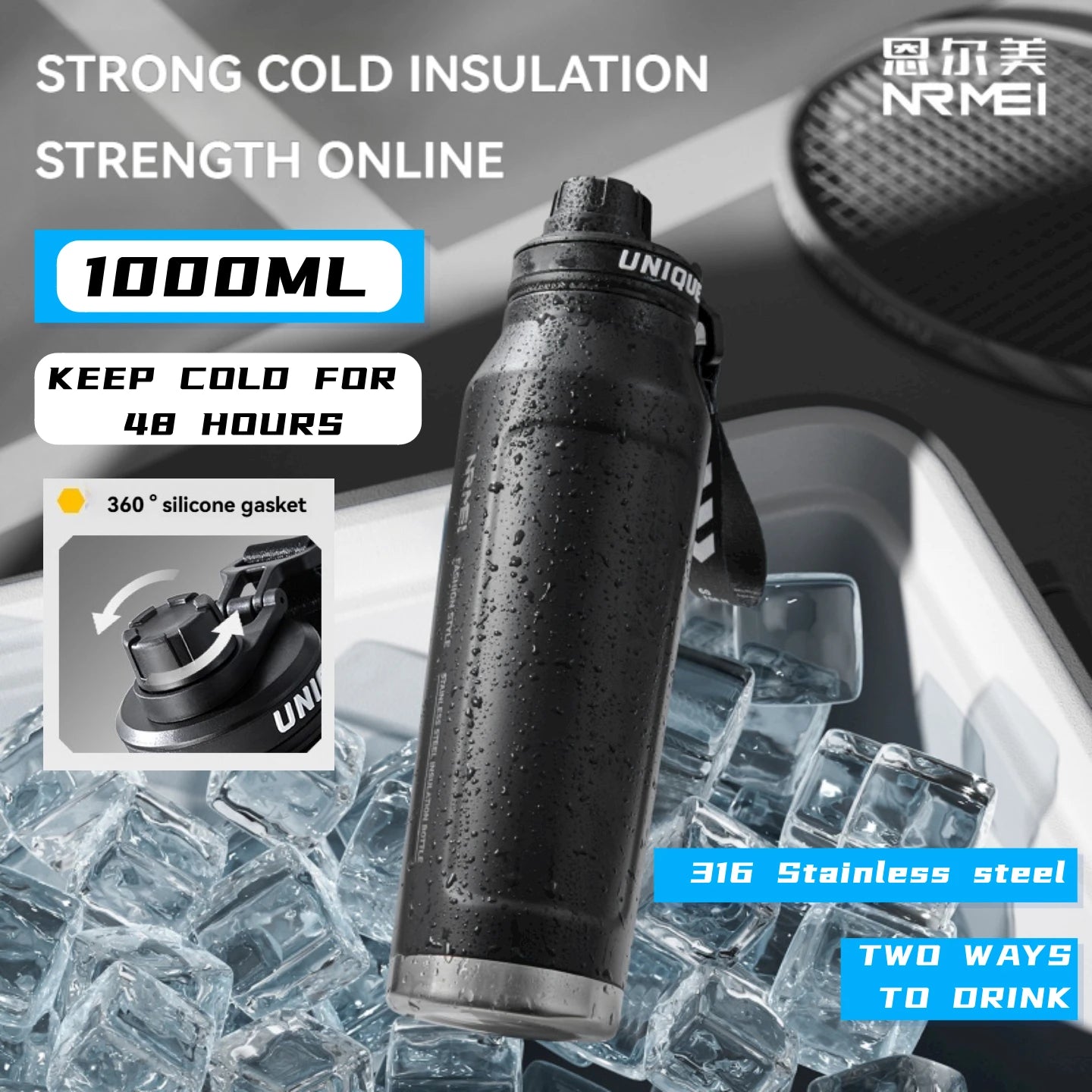 Insulated Sports Water Bottle with Handle - 1L Stainless Steel