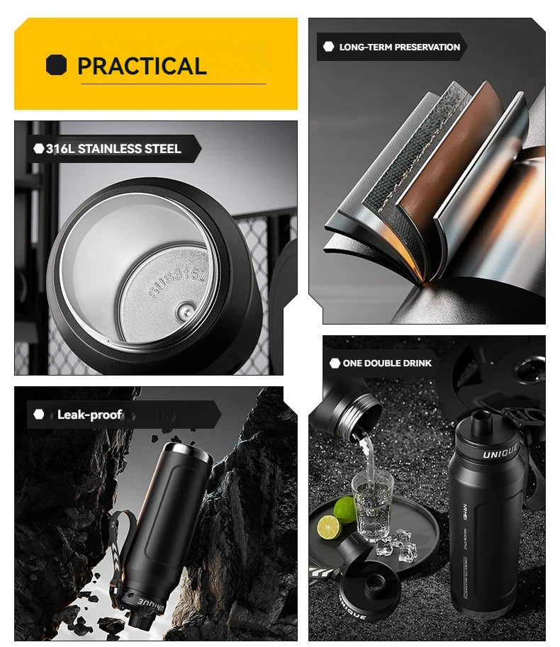 Insulated Sports Water Bottle with Handle - 1L Stainless Steel