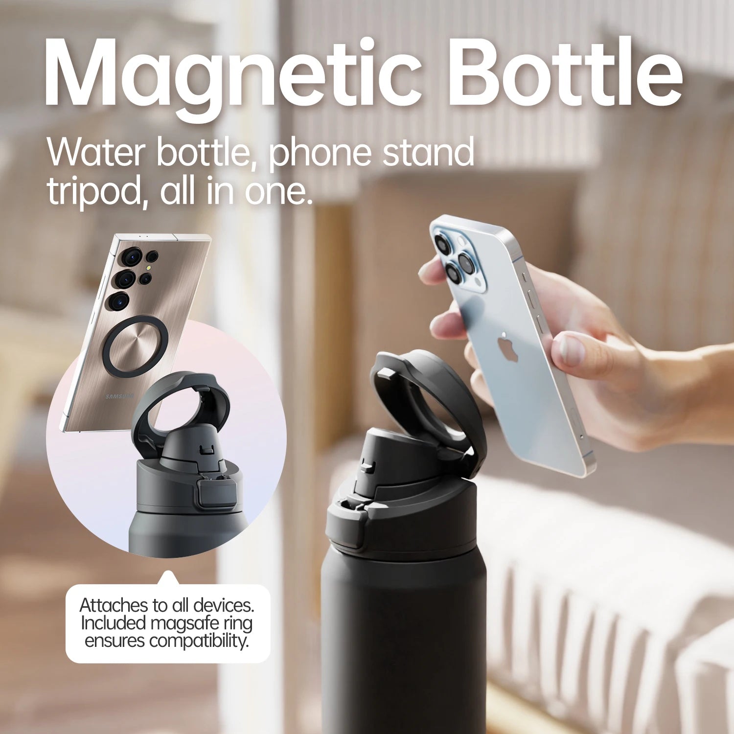 Magnetic Thermos Water Bottle with Phone Holder - 950ml Insulated
